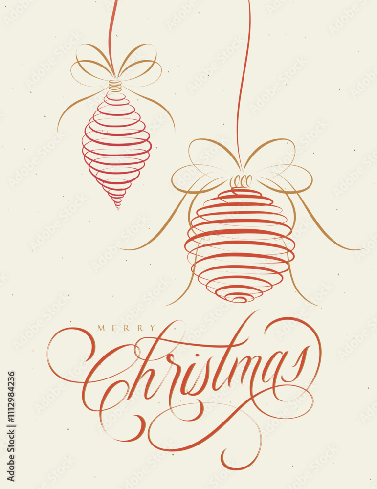Poster Merry Christmas with lettering and two tree toys drawing with red on beige background.