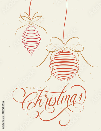 Obraz na płótnie Poster Merry Christmas with lettering and two tree toys drawing with red on beige background. w salonie