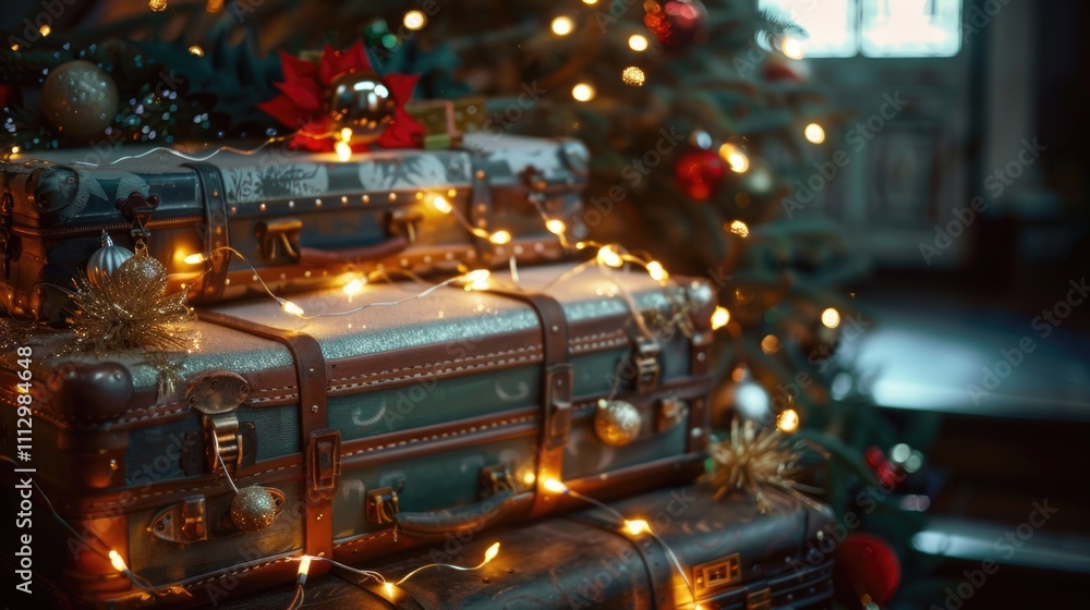A festive Christmas tree decorated with presents and topped with a pile of luggage