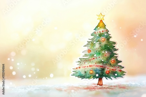 A watercolor illustration of a Christmas tree with a shining star on top