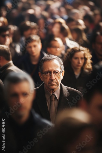 A businessman walks through a crowd of people, possibly attending a conference or meeting