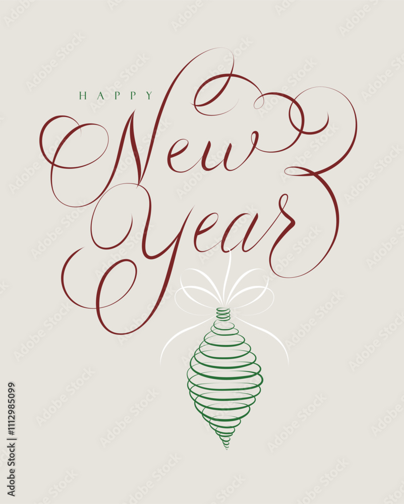 Poster Merry Christmas with lettering and green tree toy drawing on beige background.