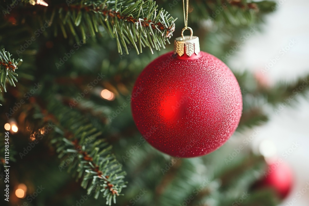 Fototapeta premium A bright red ornament hangs from the Christmas tree branches