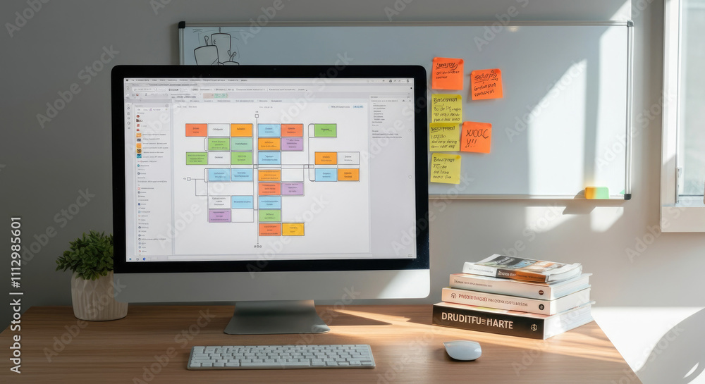 Computer displaying colorful flowchart on desk with books, sticky notes, and plant Computer displaying colorful flowchart on desk with books, sticky notes, and plant