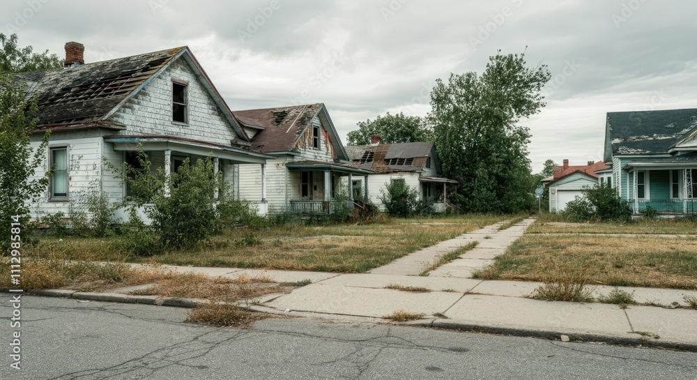 Abandoned houses on desolate street under overcast sky Abandoned houses on desolate street under overcast sky