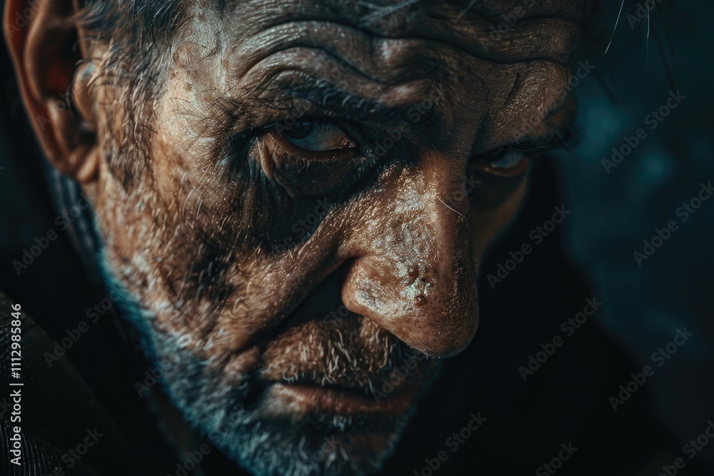 Close-up of a man's face with deep wrinkles, perfect for representing age or wisdom