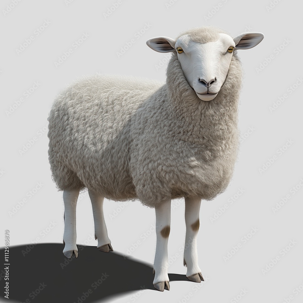 Fototapeta premium Isolated sheep stands against plain background. Fluffy white wool covers animal. Friendly expression. Suitable for farm life, animal welfare, wool production content. Used in educational materials.