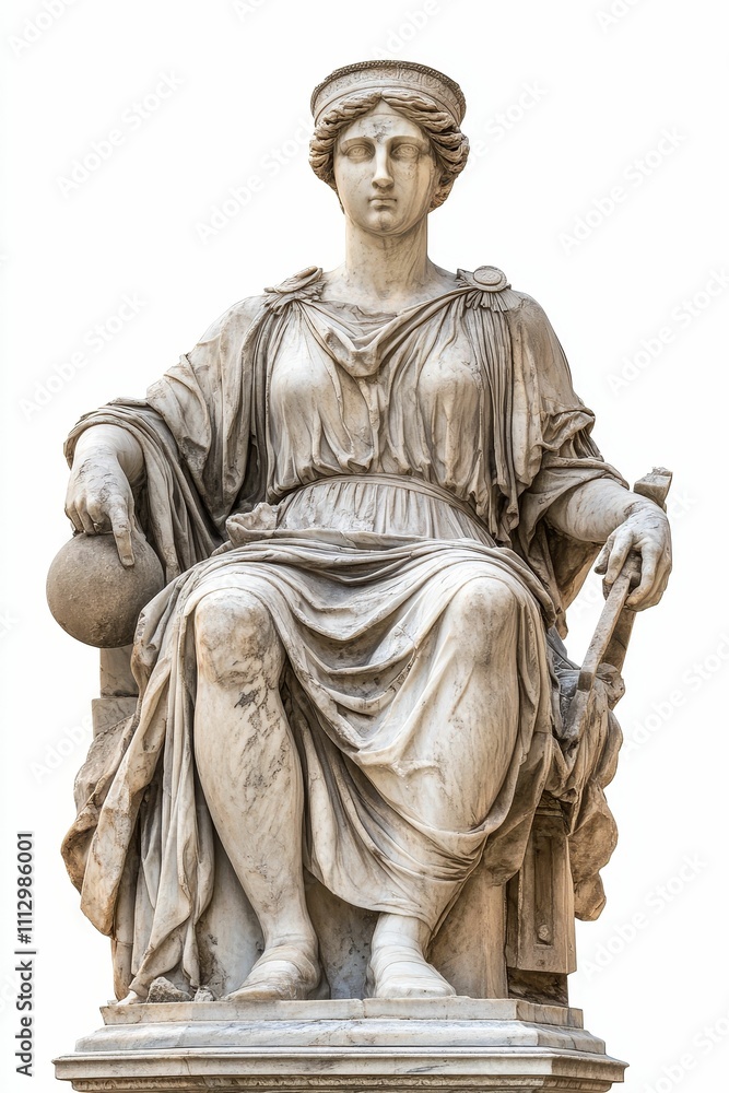 Stone statue, seated woman, classical attire, serene expression. Stone statue, seated woman, classical attire, serene expression.