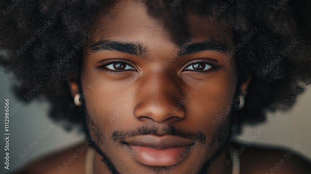 A close-up portrait of a young man with curly hair, displaying a gentle smile and wearing earrings, conveying warmth. A close-up portrait of a young man with curly hair, displaying a gentle smile and wearing earrings, conveying warmth.