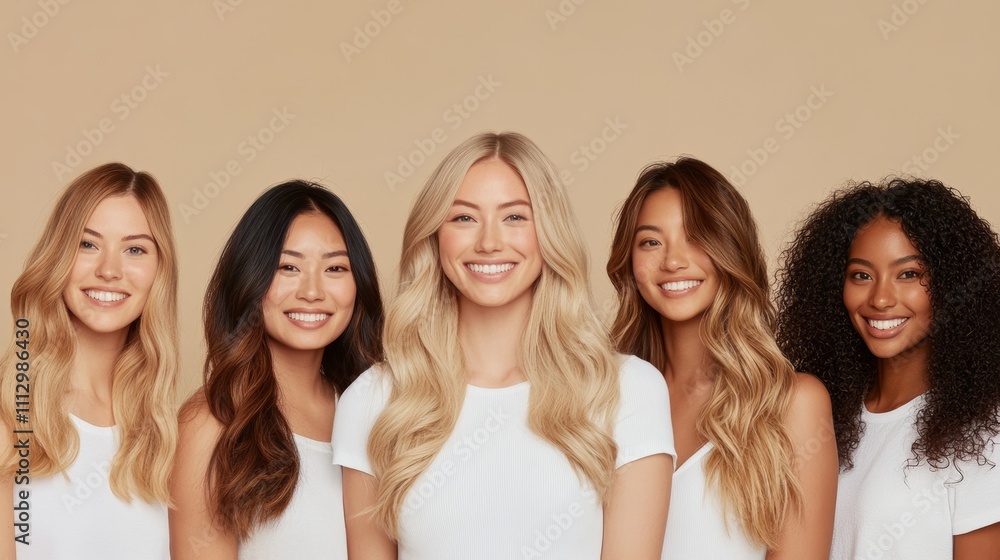 Five women of different backgrounds smiling confidently against a neutral background, showcasing diversity and unity in style. Five women of different backgrounds smiling confidently against a neutral background, showcasing diversity and unity in style.