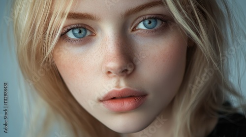 Detailed close-up portrait of a woman with striking blue eyes and natural makeup, showcasing facial features and subtle expressions.