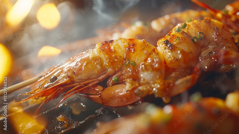 A detailed shot of grilled queen prawns skewered on a brochette, golden and juicy.
A detailed shot of grilled queen prawns skewered on a brochette, golden and juicy.