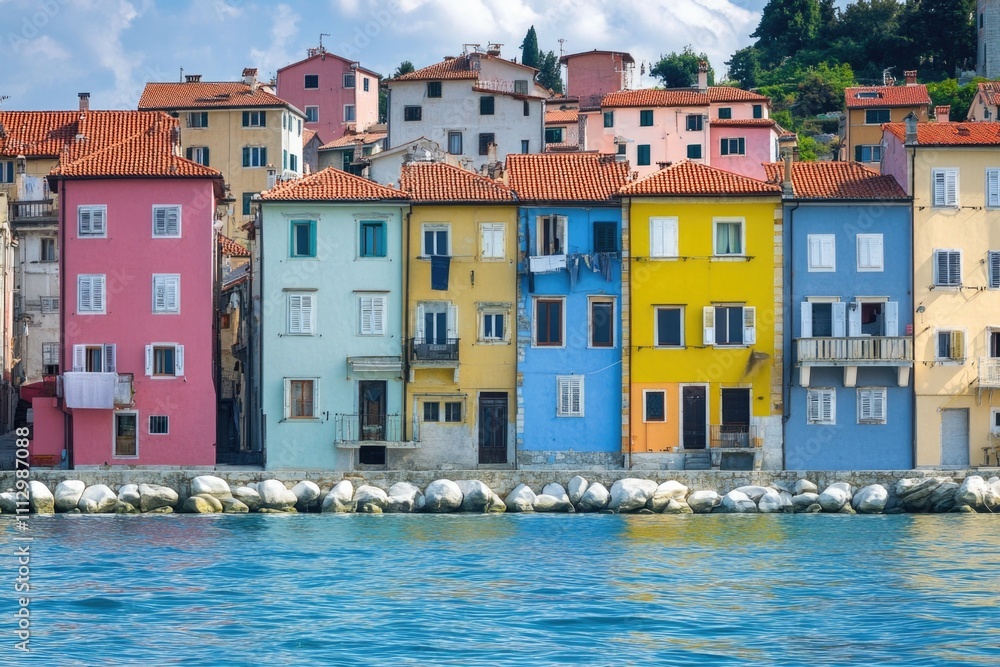 Obraz premium Colorful beachfront buildings along the shore, perfect for summer vacation or travel themes