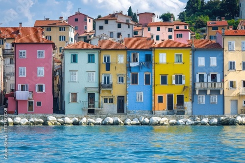 Colorful beachfront buildings along the shore, perfect for summer vacation or travel themes photo