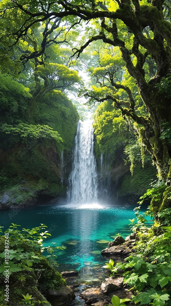 Beautiful hidden waterfall surrounded by tall trees, growth, environment, tall, exploration Beautiful hidden waterfall surrounded by tall trees, growth, environment, tall, exploration