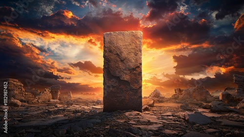 Majestic View of a Large Carved Stone Monolith Standing Against a Dramatic Sunset Sky in an Arid Landscape