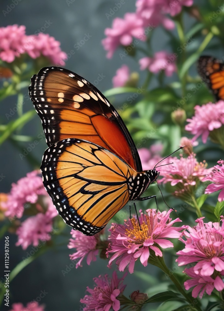 Close-up of vibrant monarch butterfly on blooming flowers, macro photography, colorful Close-up of vibrant monarch butterfly on blooming flowers, macro photography, colorful