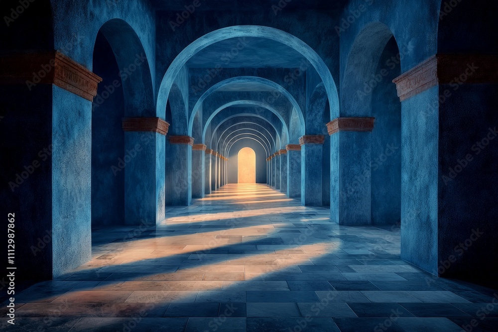 Naklejka premium A Mysterious Abandoned Corridor Illuminated by a Faint Glow, Evoking an Enigmatic Atmosphere of Mystery and Intrigue in a Stunning Architectural Space