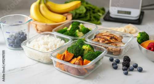 Healthy meal prep with vegetables, rice, and chicken portions in containers