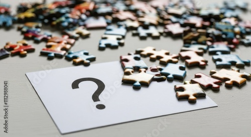 Puzzle pieces scattered around question mark on paper