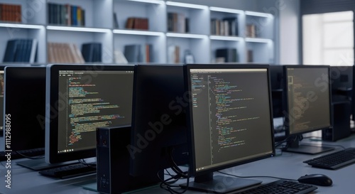 Monitors displaying code in modern computer lab