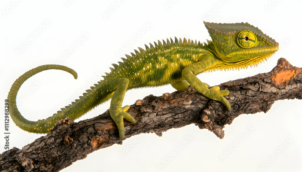 Obraz premium Vibrant green chameleon perched on a weathered branch, isolated on white. Captivating reptile portrait showcasing intricate detail and unique features.
