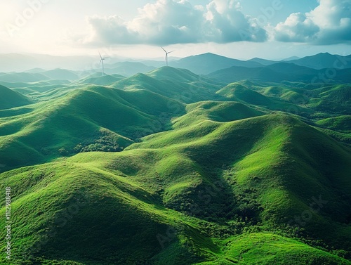 Scenic, rugged landscape with green hills and mountains, possibly in a tropical or subtropical region Cloudy sky with patches of blue, no human activity or infrastructure, watermark from Greenpeace photo