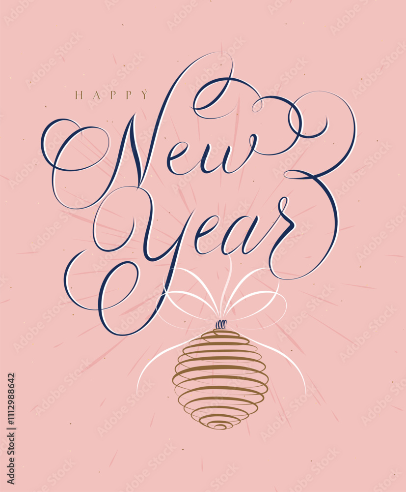 Poster Merry Christmas with lettering and red tree toy drawing on rose background.