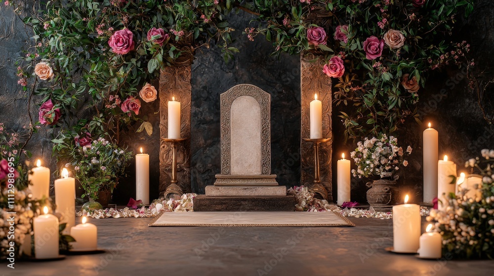 Sacred Artifact in a Ceremonial Setting Surrounded by Lush Flowers and Soft Candlelight Creating an Enchanting Atmosphere for Reflection and Reverence Sacred Artifact in a Ceremonial Setting Surrounded by Lush Flowers and Soft Candlelight Creating an Enchanting Atmosphere for Reflection and Reverence