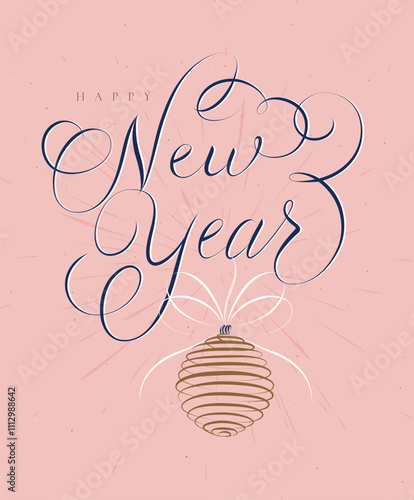 Poster Merry Christmas with lettering and red tree toy drawing on rose background.