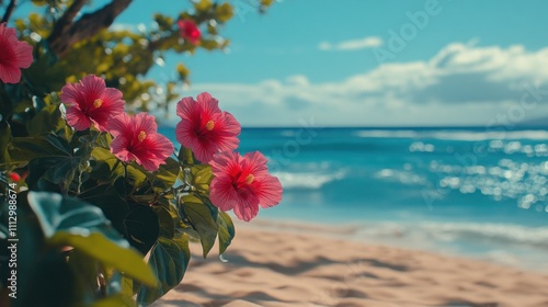 Wallpaper Mural A serene beach scene with vibrant pink flowers in the foreground and a calm ocean backdrop. Torontodigital.ca