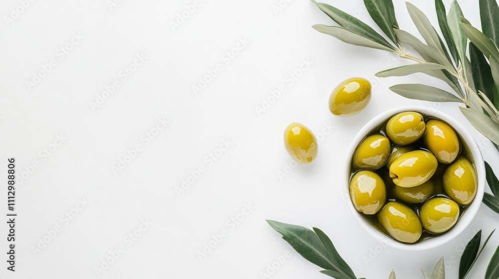 Green olives accompanied by a sprig of olive tree branch on a white backdrop.
Green olives accompanied by a sprig of olive tree branch on a white backdrop.