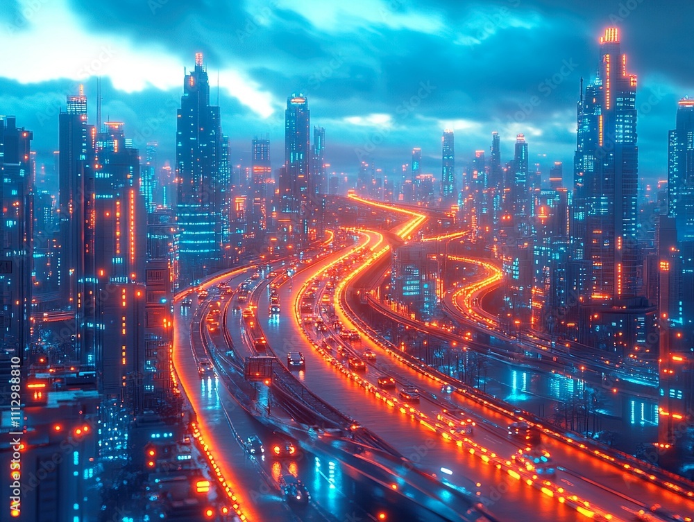 Fototapeta premium A futuristic, rainy night cityscape with blue and orange neon lights, sleek modern architecture, elevated roads bridges, bustling activity, digital art or 3D rendering style