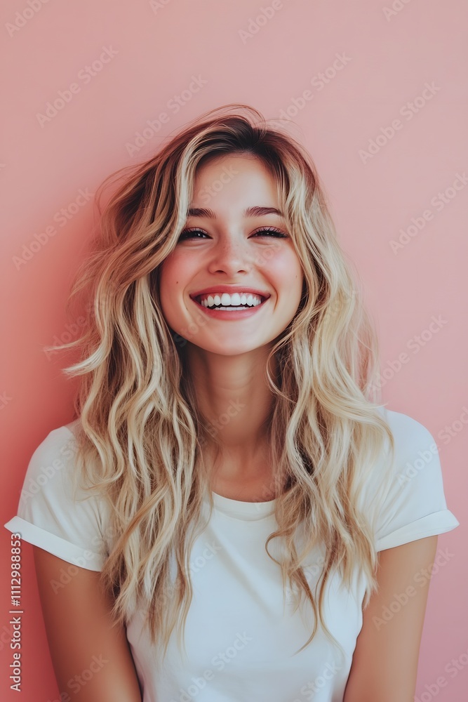 portrait charming blonde hair girl woman smiling white teeth portrait charming blonde hair girl woman smiling white teeth