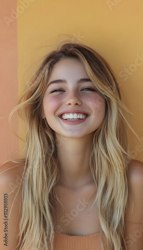 portrait charming blonde hair girl woman smiling white teeth