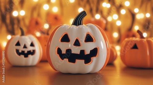 Halloween pumpkins in warm lighting. Festive decorative pumpkins with carved faces. Happy Halloween theme decor. Decorative objects for fall, autumn. Pumpkins display autumnal spirit. Halloween time, photo