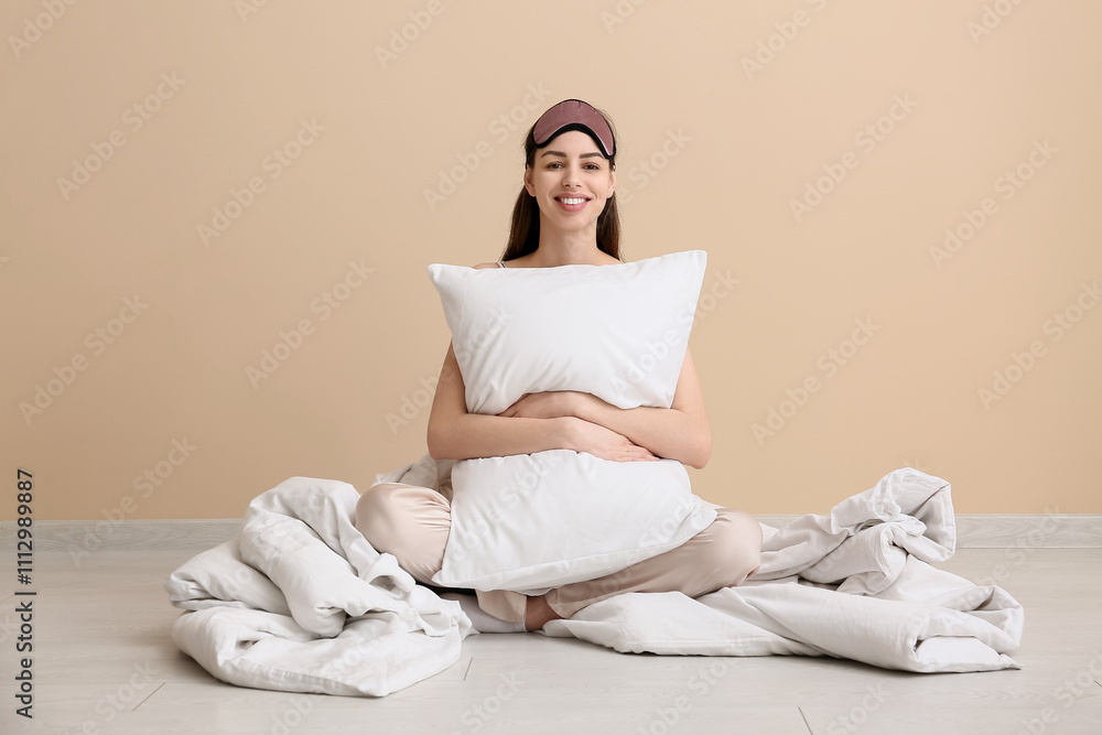 Young woman in pajamas and sleep mask with blanket and pillow on beige background Young woman in pajamas and sleep mask with blanket and pillow on beige background