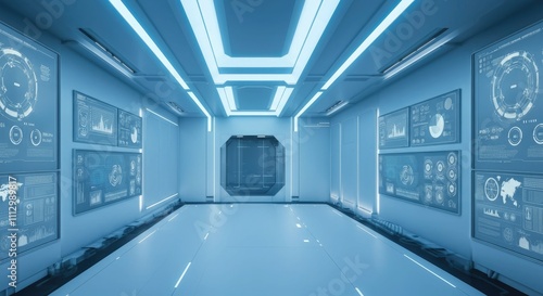 Futuristic control room with high-tech screens and digital interfaces