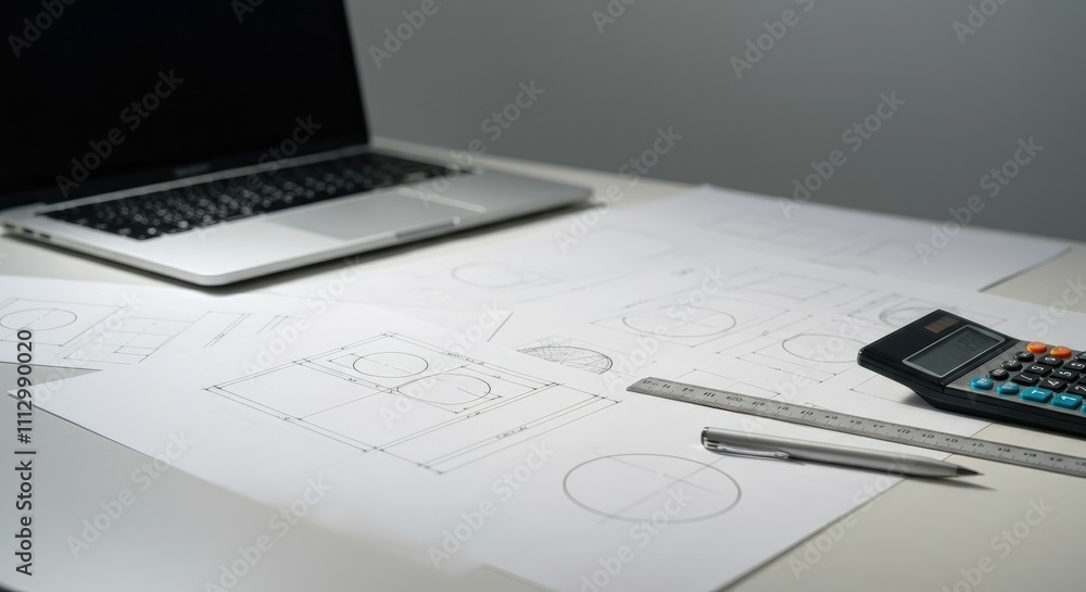 Papers with technical drawings, laptop, calculator, pen, and ruler on desk