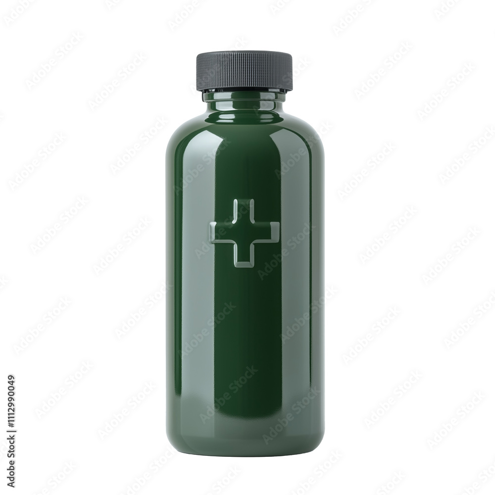 Dark Green Glass Bottle with Embossed Medical Cross Isolated on Transparent Background Dark Green Glass Bottle with Embossed Medical Cross Isolated on Transparent Background