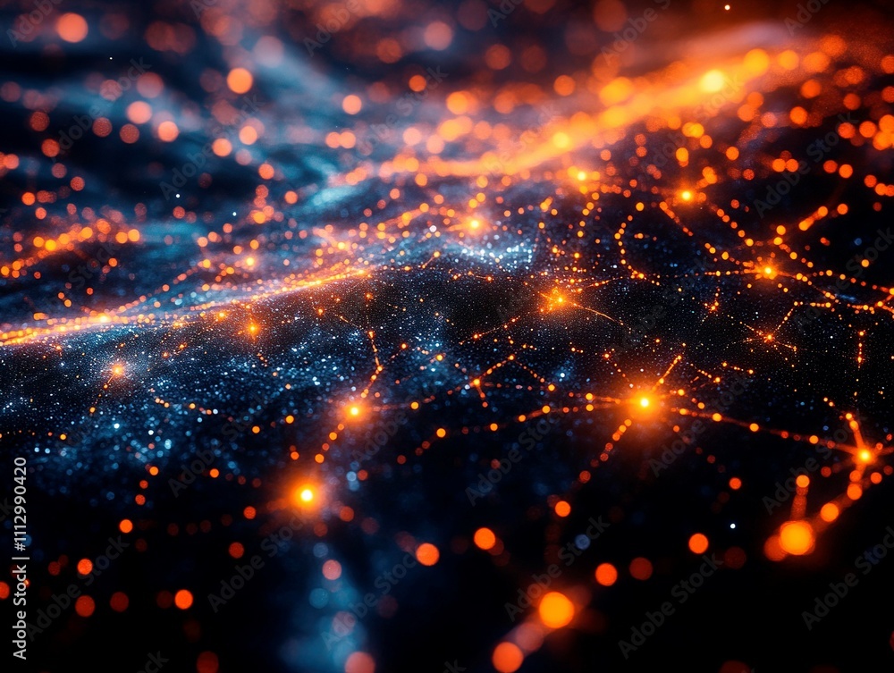 Image shows a neural network, symbolizing AI and ML The network is interconnected points in orange, yellow, and white against a dark background It suggests complexity with each bright spot as a nod Image shows a neural network, symbolizing AI and ML The network is interconnected points in orange, yellow, and white against a dark background It suggests complexity with each bright spot as a nod
