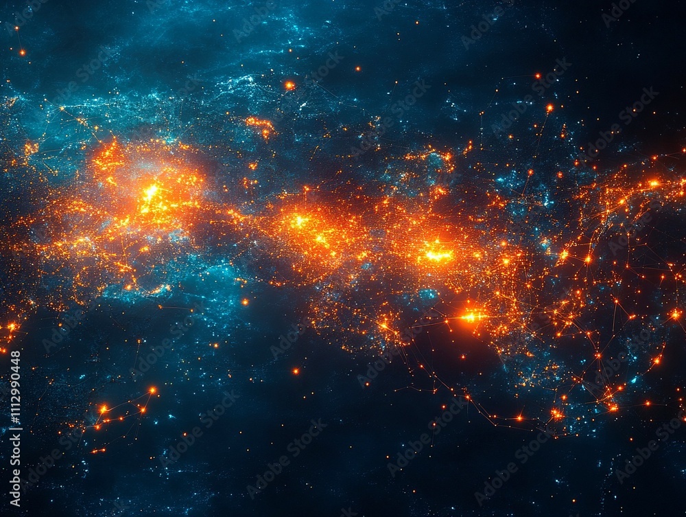 An abstract light display presents a vibrant galaxy view with contrasting blue and orange hues, scattered clusters of lights stars or galaxies, and an endless universe within the frame An abstract light display presents a vibrant galaxy view with contrasting blue and orange hues, scattered clusters of lights stars or galaxies, and an endless universe within the frame