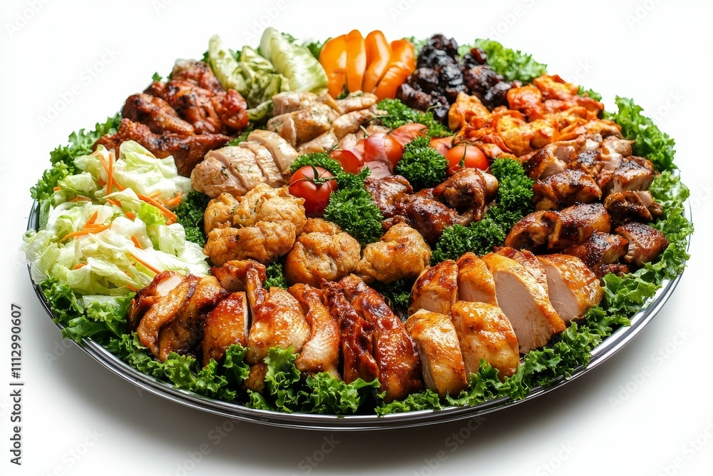 Fototapeta premium Roasted chicken, various meats, vegetables, platter.