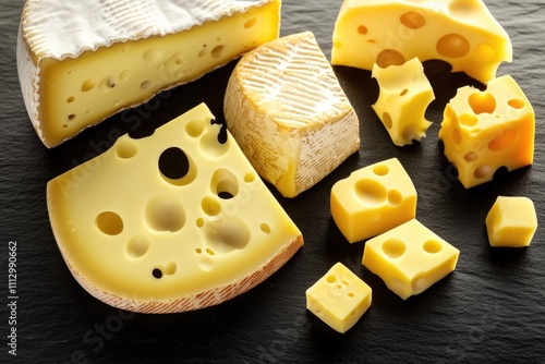 A selection of different cheeses displayed on a dark background photo