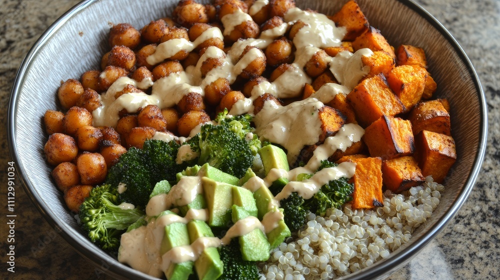 Fototapeta premium A colorful Buddha bowl filled with veggies, grains, and plant-based goodness.
