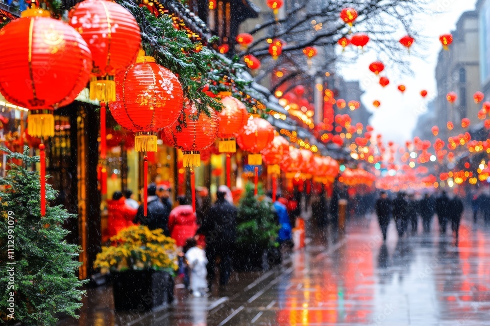Naklejka premium A bustling street during Spring Festival, adorned with red lanterns, festive decorations, and families enjoying the celebration. Generative AI