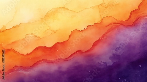 A stunning sunset watercolor blends vibrant oranges and purples, evoking tranquility and beauty.