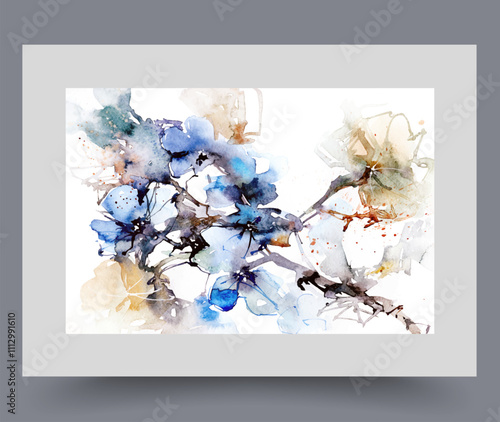 Beautiful flowers arrangement with buds on tree branch blooming after onset of spring. Botanical creative poster with organic flowers on bush growing in garden, for use in trendy design. Print, decor