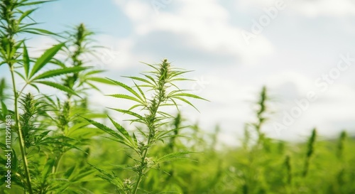 Green plants growing in outdoor field under bright sky