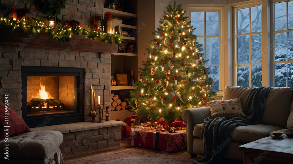 Fototapeta premium christmas tree with fireplace